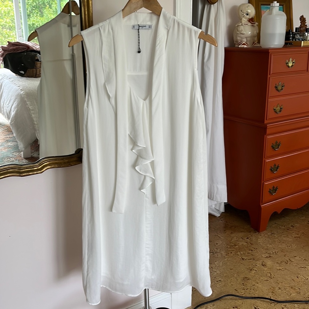 Mango White Chiffon A-Line Tie Neck Dress NWT